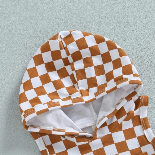 Miniatura 10 de Conjunto de ropa de verano para bebé niño y niño, diseño a cuadros, manga corta, sudadera con capucha y pantalones cortos casuales