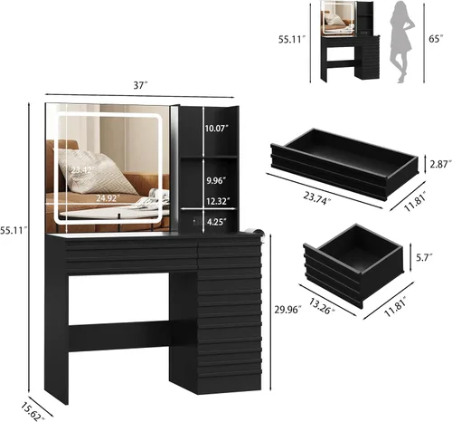 Miniatura 2 de Makeup Vanity Desk with Lights, Fluted Vanity with 4 Drawers, Open Shelves, Power Outlet, LED Lighted Mirror, 3 Lighting Modes & Brightness
