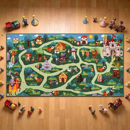 Miniatura 6 de LIVEBOX Alfombra lavable para sala de juegos para niños, alfombra de juego con caminos y aventuras en el bosque de fantasía, alfombra antideslizante