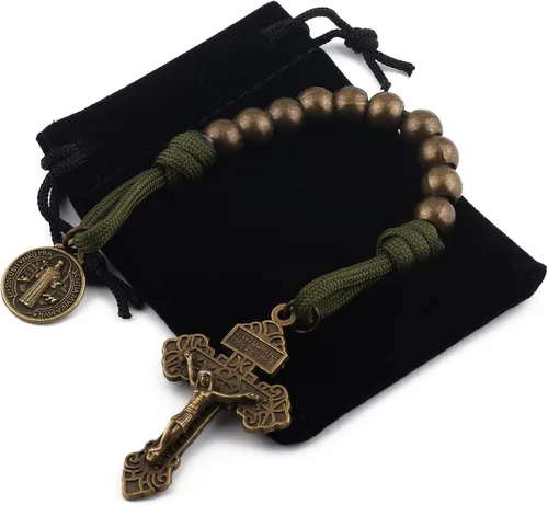Miniatura 37 de Rosario de bolsillo estilo abierto una década de acero inoxidable rosario católico con crucifijo medalla de San Benito con bolsa de regalo