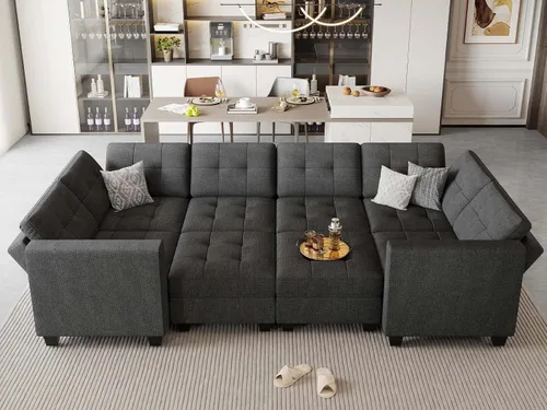Miniatura 12 de Belffin Sofá cama modular de almacenamiento, sofá seccional con tumbonas anchas, sofá seccional convertible, sofá cama modular, cama gris claro