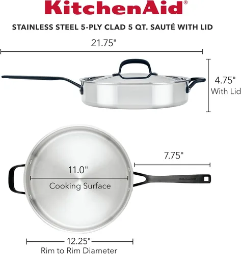 Miniatura 2 de KitchenAid Sartén para saltear de inducción de acero inoxidable revestido de 5 capas con tapa, 5 cuartos de galón, acero inoxidable pulido