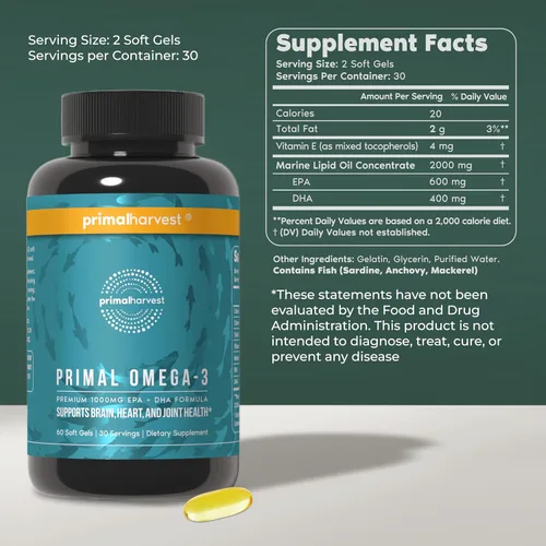 Miniatura 2 de Primal Harvest Suplementos de aceite de pescado Omega 3, 30 porciones de cápsulas de gel blando con 1000 mg de suplementos de EPA + DHA, sin eructos