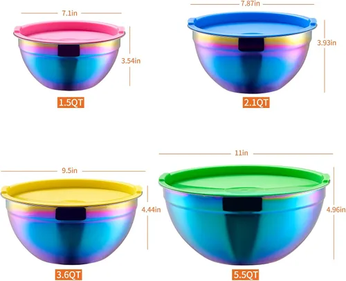 Miniatura 2 de Tazones de mezcla arcoíris con tapas herméticas, cuenco de acero inoxidable, cuencos para ensalada, 4 piezas, coloridos cuencos anidables