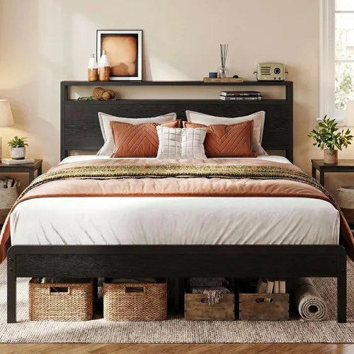 LIKIMIO Base de cama matrimonial con cabecero, cámaras de madera oscura con soportes fuertes, resistentes, sin ruido, no necesita somier, color negro