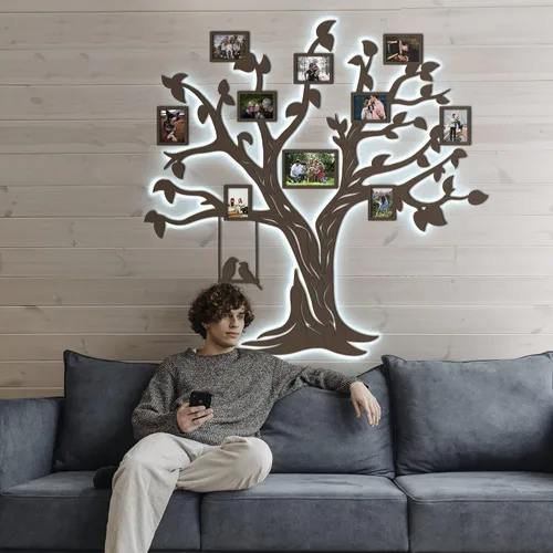 Miniatura 8 de JustLikeWood Calcomanías de pared de árbol genealógico de madera 3D LED de 51 x 50 pulgadas con marco, decoración de pared para sala de estar, Nogal