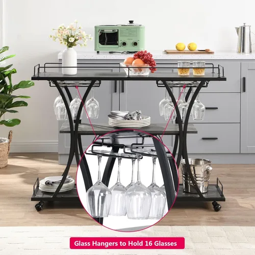 Miniatura 5 de mikibama Carrito de bar industrial de metal móvil de madera para el hogar, pequeño carrito de bar rústico con estante para vino y estantes