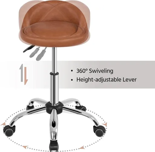 Miniatura 4 de Yaheetech Taburete Rodante Ajustable Taburetes Giratorios Silla con Ruedas y Soporte para la Espalda Redondo Tatuaje Cuero PU Taburetes de Salón