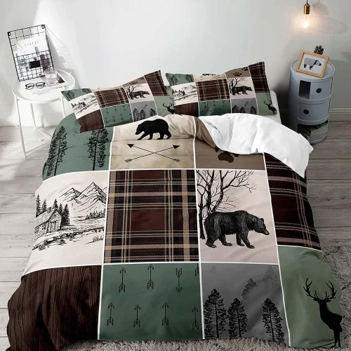 Miniatura 15 de LUVIVIHOME Juego de funda de edredón de 2 piezas, diseño de oso y alce, ciervo, ciervo, ropa de cama de cabaña, ropa de cama rústica de granja