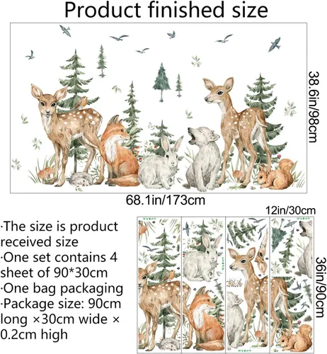 Miniatura 2 de Amaonm - 4 hojas de 12 x 36 pulgadas, calcomanías de pared de árbol de bosque gigante, bosque, ciervo, oso, conejo, zorro, ardilla, pájaros, pino