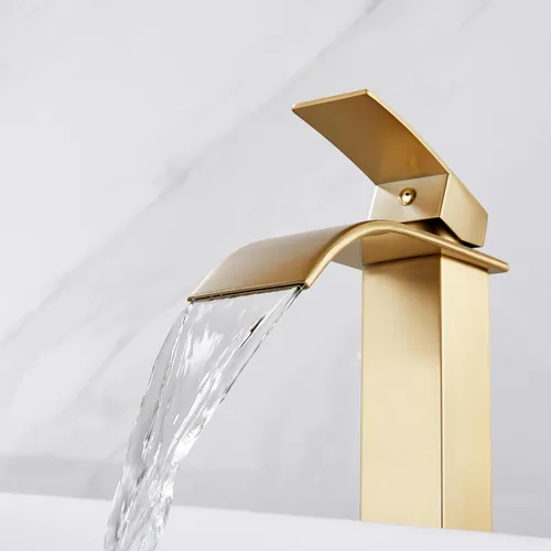 Miniatura 9 de Midanya Grifos altos para lavabo en cascada, lavabo de baño con una sola manija, 1 agujero, moderno, con mangueras de drenaje emergentes y Oro