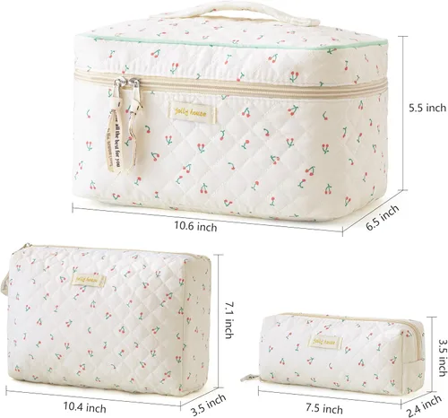 Miniatura 6 de HBselect Bolsa de Maquillaje Acolchada, 3 Piezas de Gran Bolsa de Maquillaje de Viaje de Algodón, Linda Bolsa de Maquillaje Floral Coquette, Bolsa