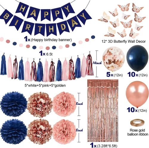 Miniatura 3 de Pugkloy Decoraciones de fiesta de cumpleaños de oro rosa y azul marino con pancarta de feliz cumpleaños, cortinas, pared de mariposa, guirnalda