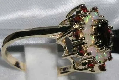 Miniatura 3 de LetsBuyGold Anillo de oro amarillo de 14 quilates auténtico granate y ópalo para mujer