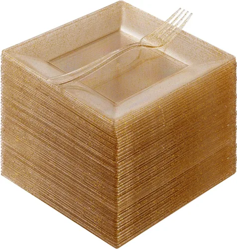 Miniatura 10 de Goodluck 240 platos cuadrados de plástico de postre con purpurina dorada de 6.5 pulgadas con tenedores de 7.4 pulgadas, platos dorados