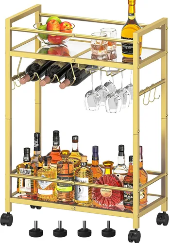 Miniatura 12 de Carrito de bar, carrito de servir para el hogar, carrito de microondas, carrito de bebidas, estante de cocina móvil con estante para vino y soporte