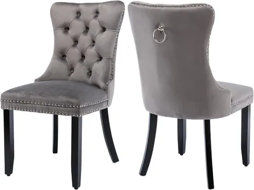 Miniatura 60 de Juego de 2 sillas de comedor de terciopelo, silla de comedor tapizada de alta gama con tirador de anillo en la espalda, adorno de clavos y patas