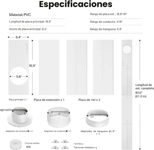 Miniatura 7 de VIVOSUN Kit de ventilación de ventana, kit de sellado portátil de ventana de CA, compatible con conductos de 4 pulgadas/6 pulgadas y manguera de 5.9