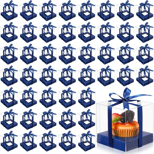 Miniatura 10 de Thenshop 50 cajas transparentes para cupcakes individuales de 3.5 pulgadas, contenedores de plástico individuales para cupcakes con insertos y Blanco