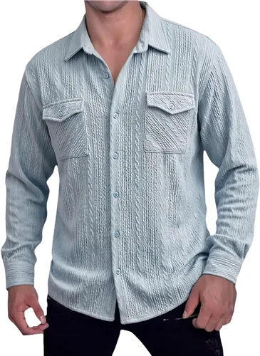 Miniatura 8 de Camisas con botones para hombre, casual, de manga larga, con cuello jacquard, texturizada, ligera, sobrecamisa, sobrecamisa