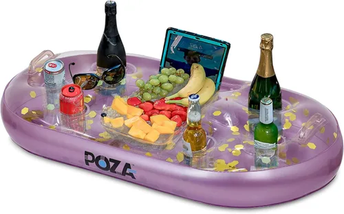 Miniatura 11 de POZA Hielera flotante inflable dorada – Lujoso soporte para bebidas relleno de confeti brillante, flotador de fiesta premium con 8 soportes, barra