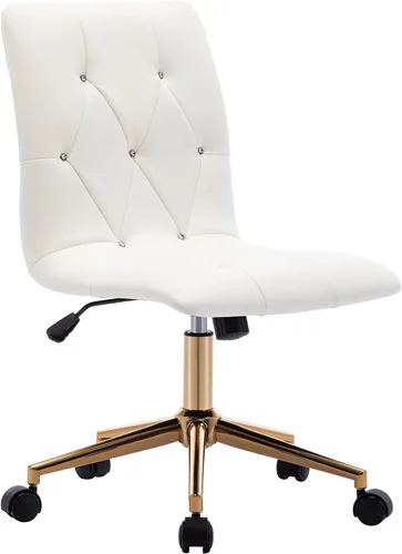 DUHOME Silla moderna de oficina en casa, de piel sintética, bonita silla de escritorio blanca con base dorada, silla de tocador rodante sin brazos
