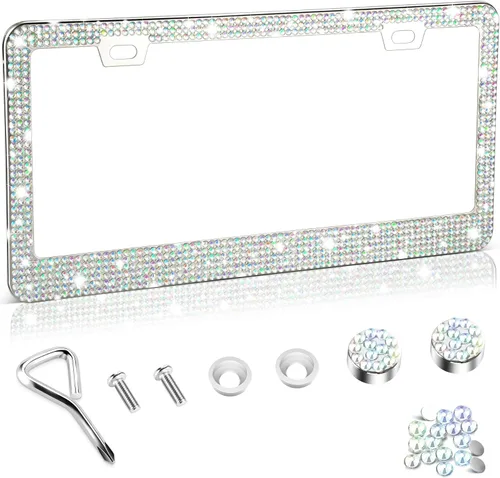 Miniatura 16 de Amiss Marco de matrícula brillante para mujer, 1 paquete de diamantes de imitación hecho a mano de cristal de acero inoxidable de alta calidad, Negro