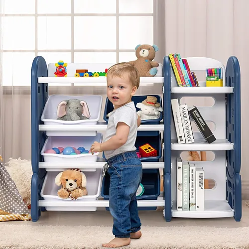 Miniatura 2 de HONEY JOY Organizador de almacenamiento de juguetes para niños de 4 niveles con 6 contenedores, unidad de almacenamiento de juguetes 2 en 1