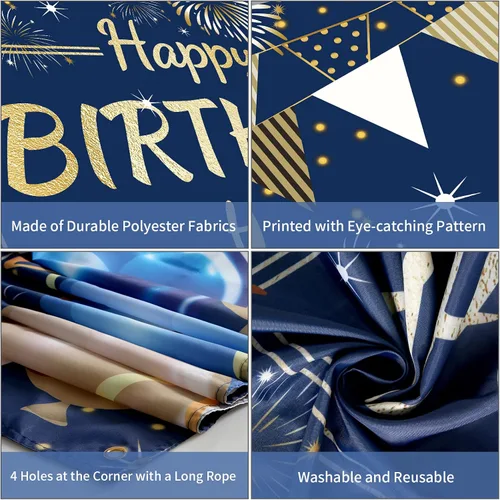 Miniatura 7 de Cartel de fondo de decoración de feliz cumpleaños, fondo de fotos para niños, niñas, hombres y mujeres, 72.8 x 43.3 pulgadas (azul marino y dorado)
