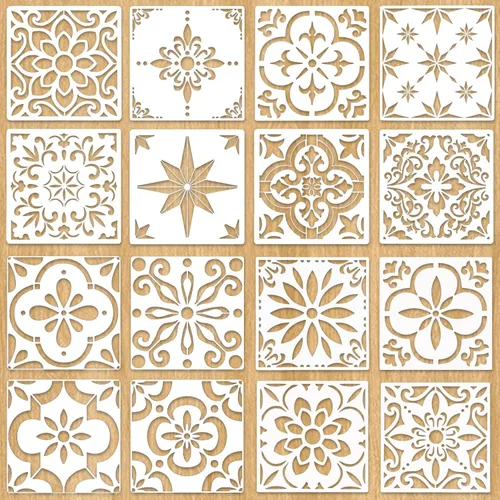 Miniatura 8 de Juego de plantillas de suelo de azulejos grandes (4 diseños, 12 x 12 pulgadas) Plantillas de pared reutilizables con patrón mexicano Juego