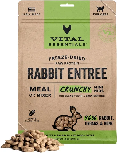 Vital Essentials Comida Cruda Liofilizada de Conejo para Gatos tipo Comida o Mezclador, Trocitos Crujientes, 12 oz