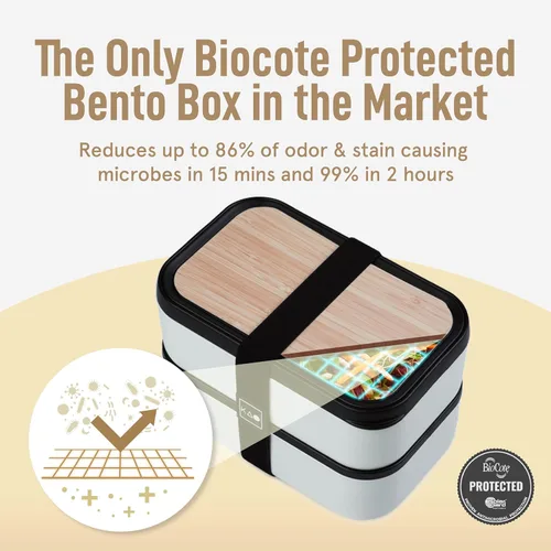 Miniatura 5 de KARRICO Caja Bento Doble Premium para Adultos, 67 onzas líquidas sin BPA - Lonchera Apilable Color Crema con Tapas y Divisores a Prueba de Fugas