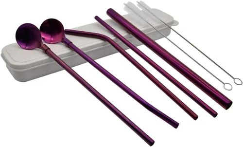 Miniatura 8 de Hoshen Juego de 7 cucharas de paja de acero inoxidable dorado, popote reutilizable de 8.5 pulgadas, con estuche de transporte