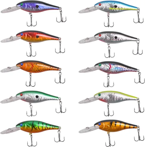Miniatura 6 de Crankbait Minnow - Señuelos de pesca, 10 señuelos de agua superior con anzuelos agudos, cebos duros Swimbaits 3D ojos de pesca realistas cebo