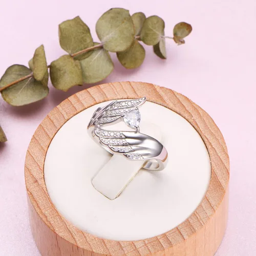 Miniatura 5 de Anillo de plata de ley 925 con alas de ángel y circonita cúbica gran pluma joyería para mujer