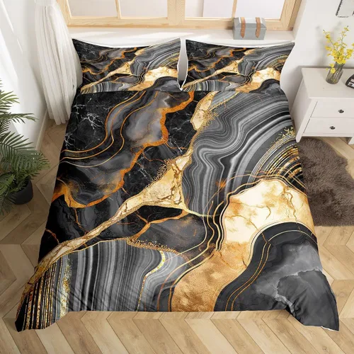 Miniatura 3 de Funda de edredón de mármol negro tamaño individual, juego de ropa de cama dorada para adultos, hombres y mujeres, funda de edredón de textura