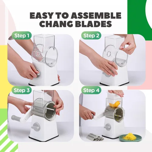 Miniatura 4 de Rallador de queso giratorio multifuncional 6 en 1 con 11 cuchillas, trituradora de verduras, trituradora de dados para alimentos, picadora con base