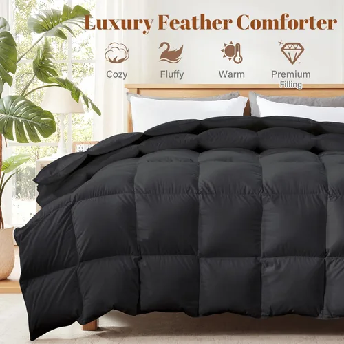 Miniatura 2 de Relleno de edredón de fibra de plumas y plumón tamaño Queen, funda 100% algodón, relleno de edredón negro para todas las estaciones, ropa de cama