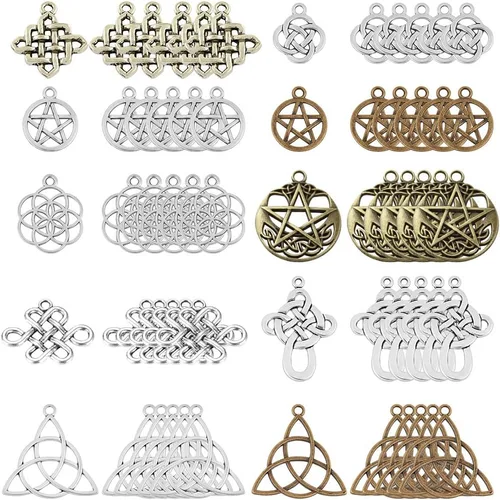 Miniatura 8 de SUNNYCLUE 60 piezas de dijes de conexión de nudo celta, plata antigua, irlandesa, flor wicca, buena suerte, triángulo, corazón, amor, nudos