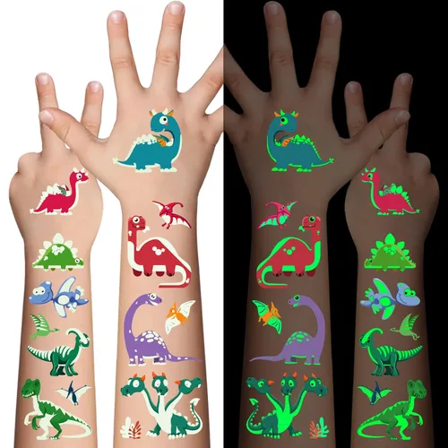Tatuajes temporales que brillan en dinosaurios para niños, calcomanías luminosas con temática de dinosaurio, tatuajes que brillan en la oscuridad