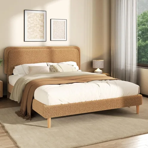 Miniatura 10 de Base de cama de plataforma Boucle tamaño Queen con cabecera ajustable (3 alturas), cama de nube tapizada, esquinas redondeadas suaves, no necesita