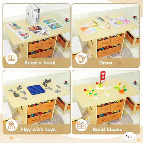 Miniatura 4 de Juego de mesa y silla para niños (2 sillas incluidas), grupo de escritorio de madera para niños pequeños con 6 cajas de almacenamiento, muebles