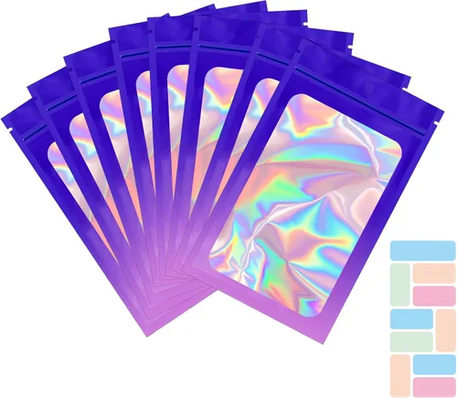 Miniatura 18 de Paquete de 100 bolsas de Mylar con ventana transparente, holográficas, a prueba de olores, para pequeñas empresas, bolsas resellables