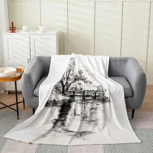 Erosebridal Sketch Tree Flannel Blanket 40x50 Inch Vintage Farmhouse Fleece Blanket Grey Minimalist Mid Century Fuzzy Plush Throw French Country