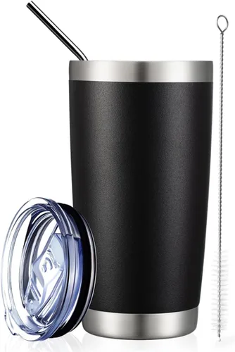 Miniatura 34 de COMOOO Taza de viaje de acero inoxidable de doble pared aislada al vacío de 20 onzas con tapa y pajita, taza de café aislada con recubrimiento