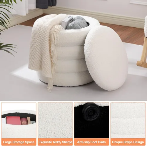 Miniatura 4 de Teddy Sherpa - Otomana redonda con almacenamiento, taburete tapizado moderno, reposapiés, pequeño ramo blanco otomano de almacenamiento
