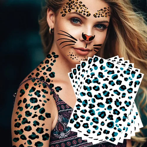 Miniatura 11 de Tatuajes temporales con estampado de leopardo, 6 hojas de calcomanías realistas de piel de leopardo para adultos y niños, perfectas para Halloween