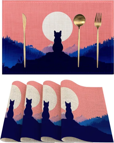 Juego de 4 manteles individuales de lino con diseño de gato en la parte superior de la colina, antideslizantes, resistentes al calor, para comedor,