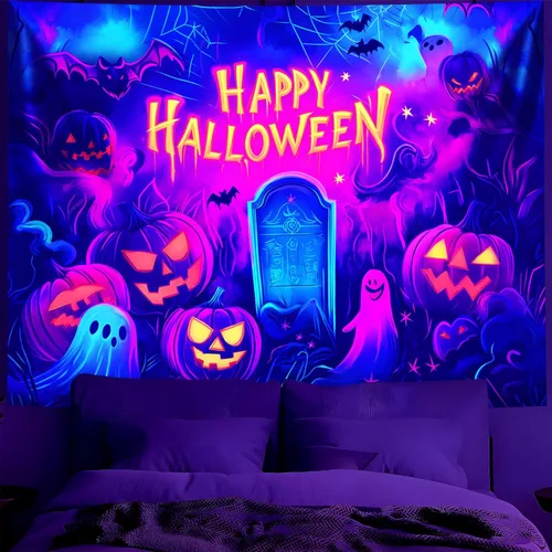 Miniatura 34 de BVBOX Tapiz de Halloween con luz negra, reactivo a los rayos UV que brilla en la oscuridad, póster de tapiz trippy con luz negra para sala de estar