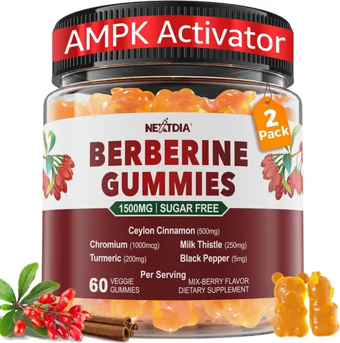 Miniatura 10 de Gomitas de berberina de 1500 mg sin azúcar, suplemento orgánico de berberina con canela de Ceilán, cromo, cúrcuma, cardo mariano para el metabolismo